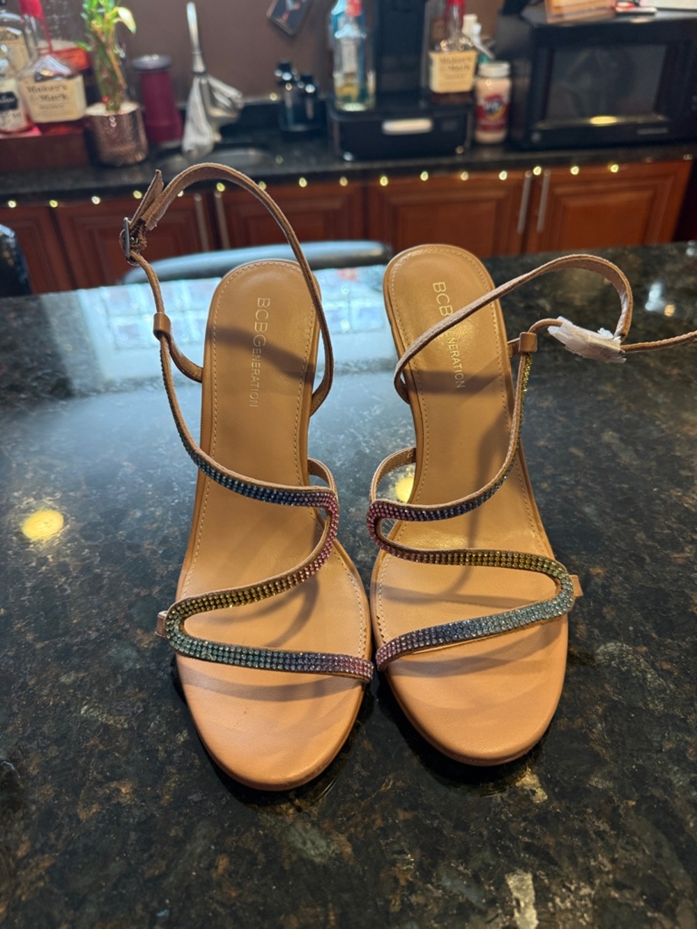 BCBGeneration Tan Heeled Sandals with Multicolor Crystal Straps